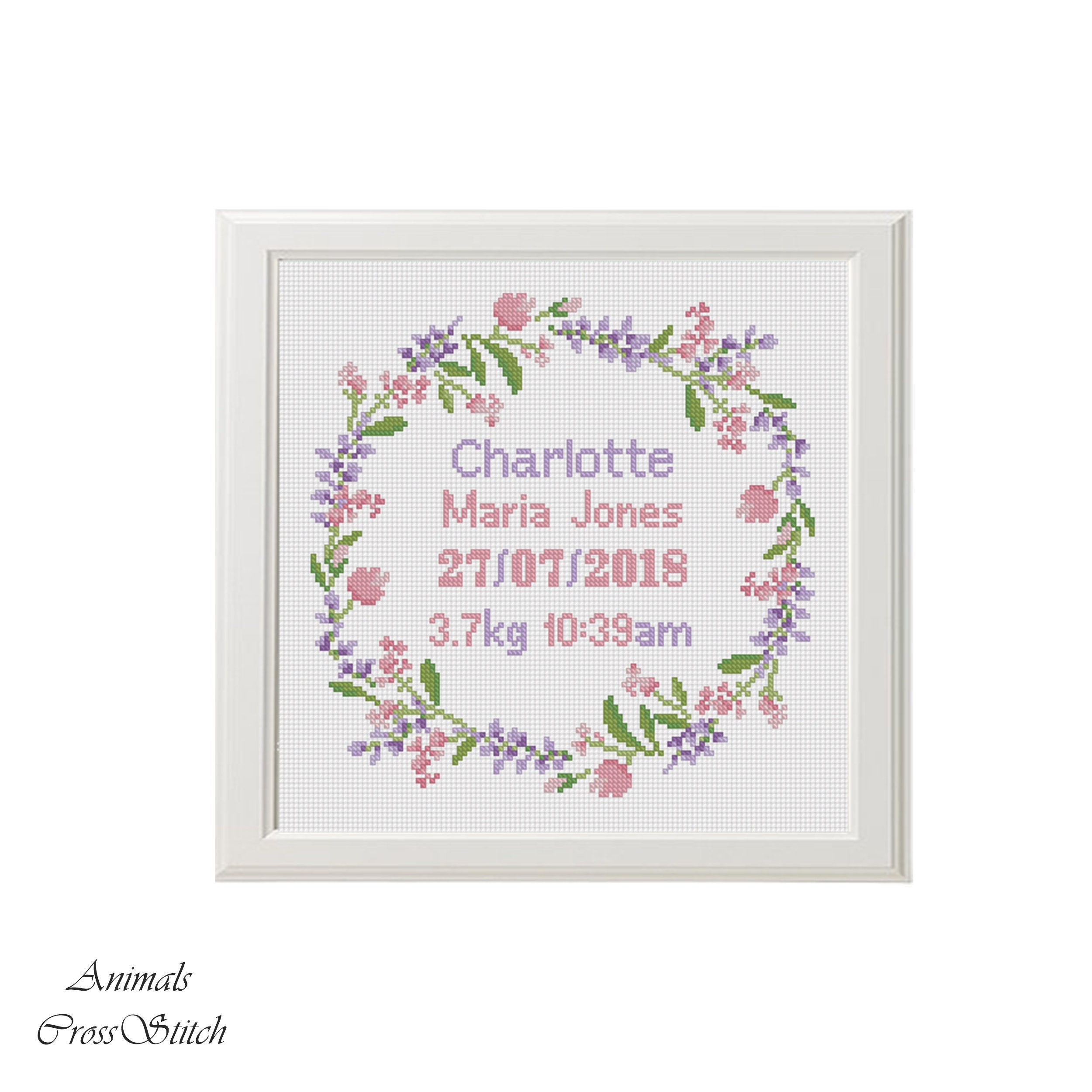 Birth Announcement Cross Stitch Pattern Diy Custom Name And Date Floral Border Baby Gift Ring Bearer