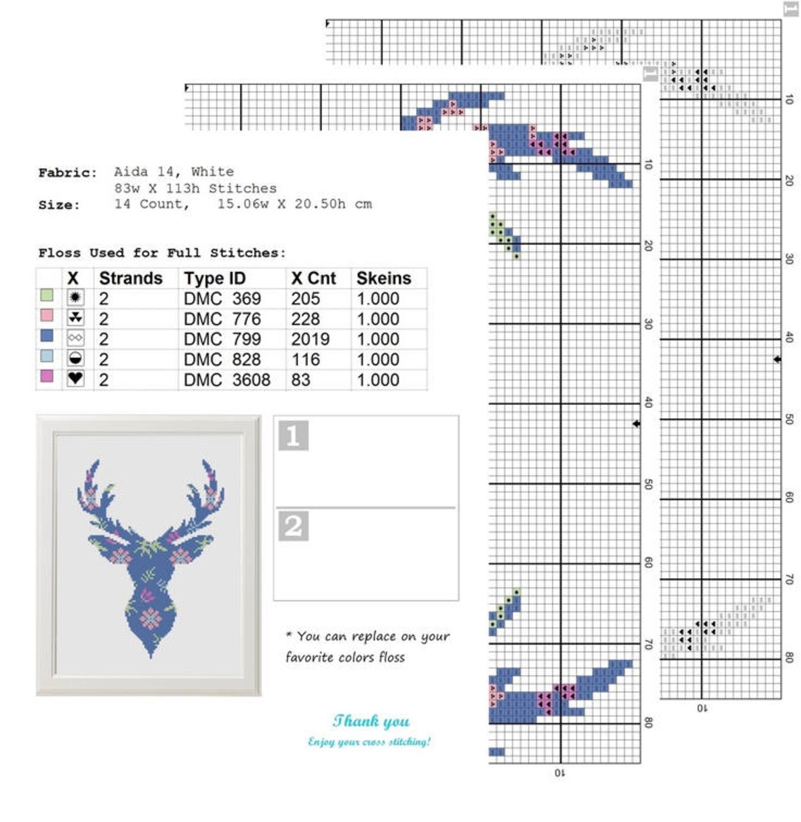 Flower Deer Cross Stitch printable pdf pattern Deer Pattern Etsy