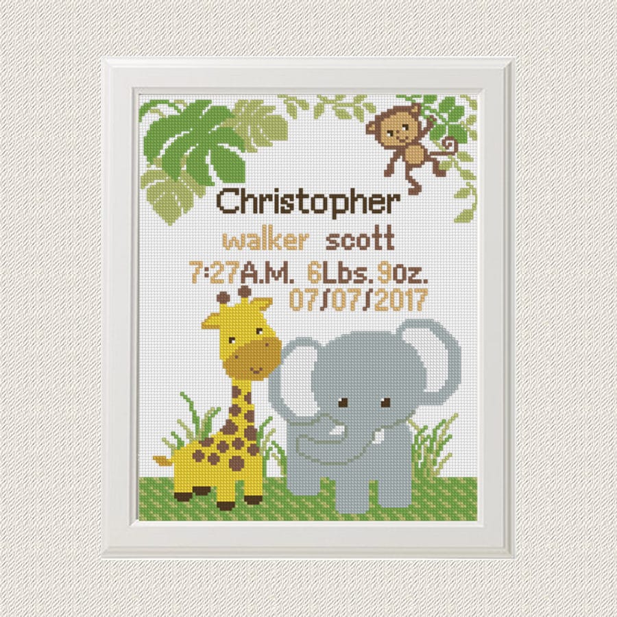 Birth announcement Cross Stitch baby birth record Animal ...