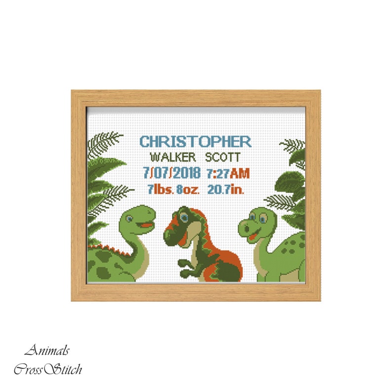 Dinosaurs Cross Stitch Birth Announcement Dino Animal Cross Etsy