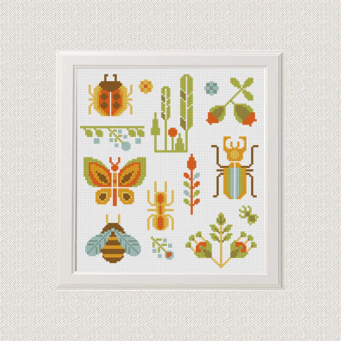 Insect cross stitch pattern modern Nature summer sampler cross Etsy