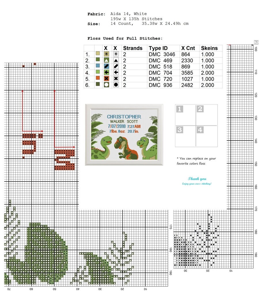 Dinosaurs Cross Stitch Birth Announcement Dino Animal Cross Etsy
