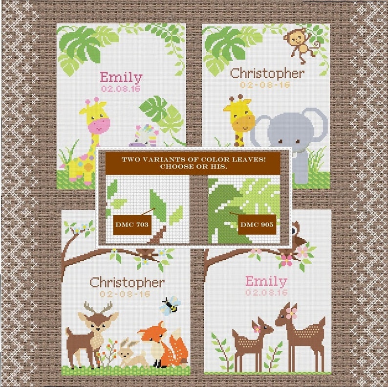 Woodland Cross Stitch birth announcement Record chevron new Etsy