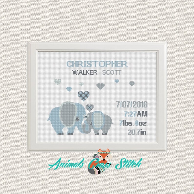 Birth announcement baby animal sampler Cross stitch elephants with hearts cross stitch pattern new baby boy birthday gift nursery decor