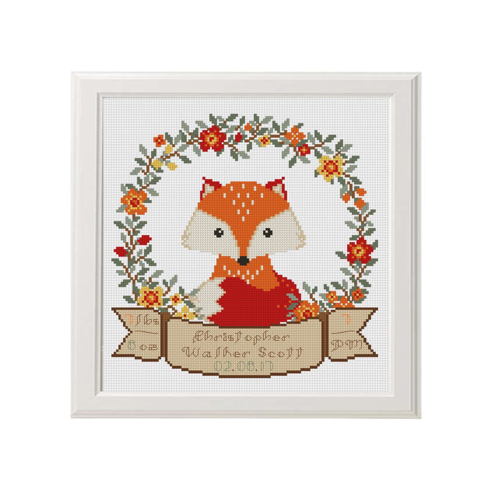 Baby cross stitch Fox Birth Announcement pattern Birth sampler Etsy