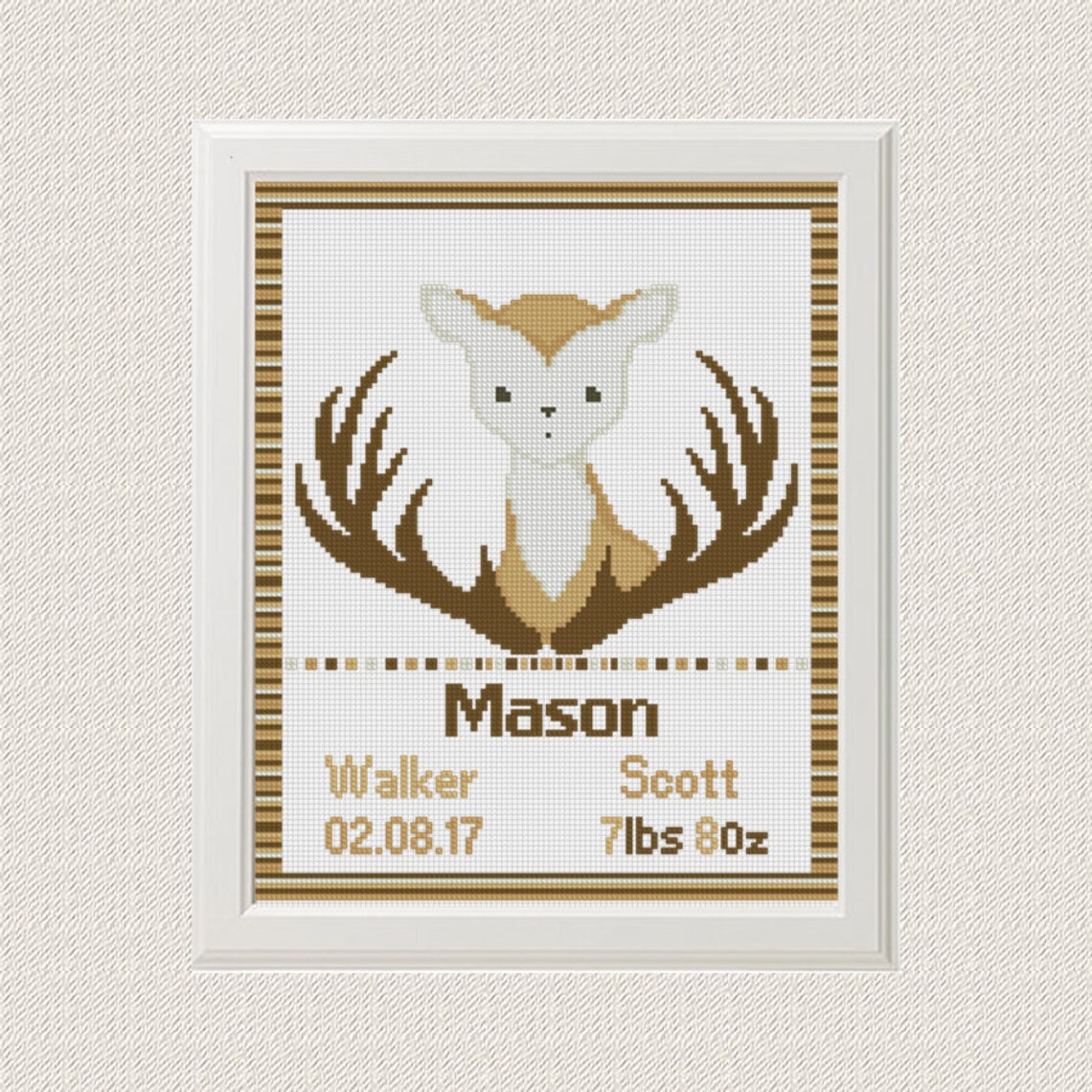 Deer Cross stitch birth announcement sampler baby boy Etsy