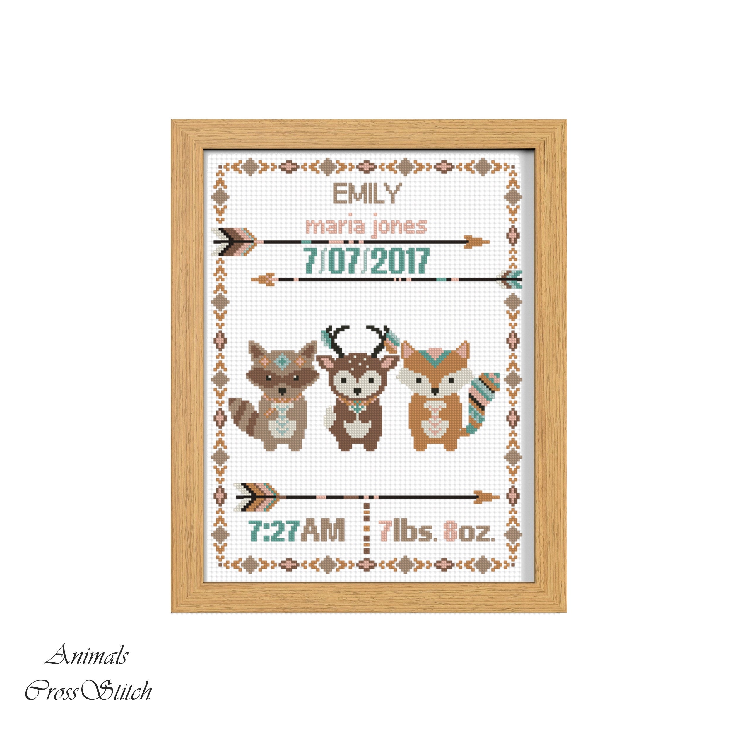 Baby Cross Stitch Birth Announcement Fox Deer Raccoon Cross Etsy