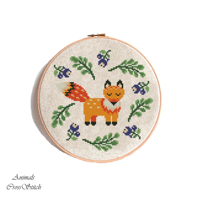 PDF Instant download 7 hoop art Garden Fox cross stitch pattern Sweet Spring modern Nursery decor nature berries flowers Animals