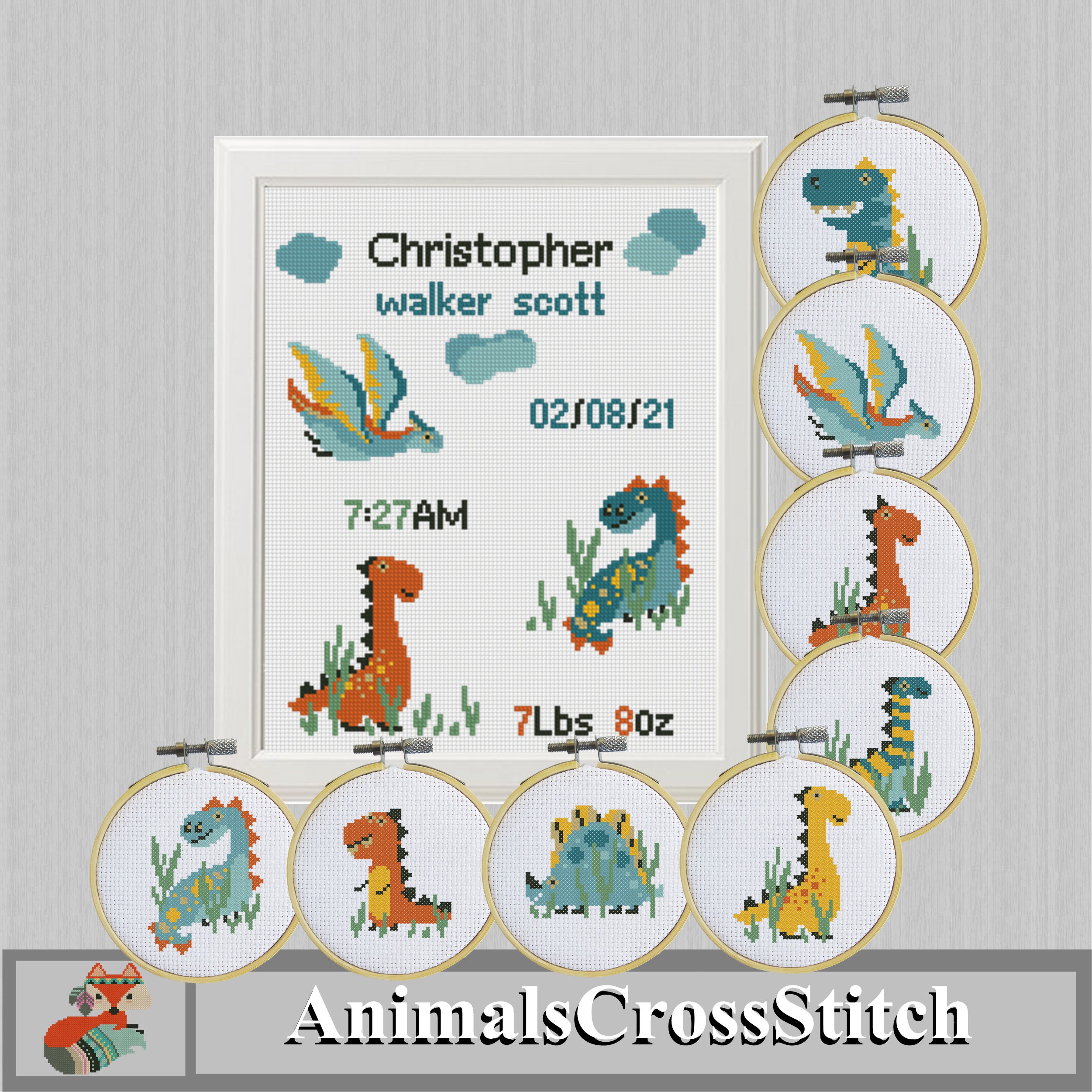 Dinosaurs Cross stitch Birth announcement dino Set of 9 animal Etsy