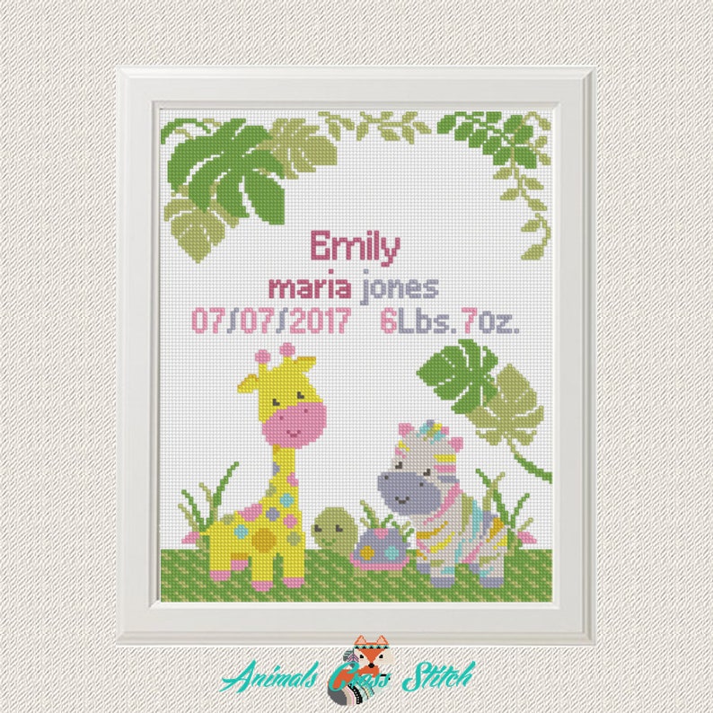 Home Hobby Birthday Cross Stitch Pattern Baby Announcement Diy Cross Stitch Baby Girl Birth Record Chevron Animal Giraffe Zebra Turtle Jungle Nursery Craft Supplies Tools
