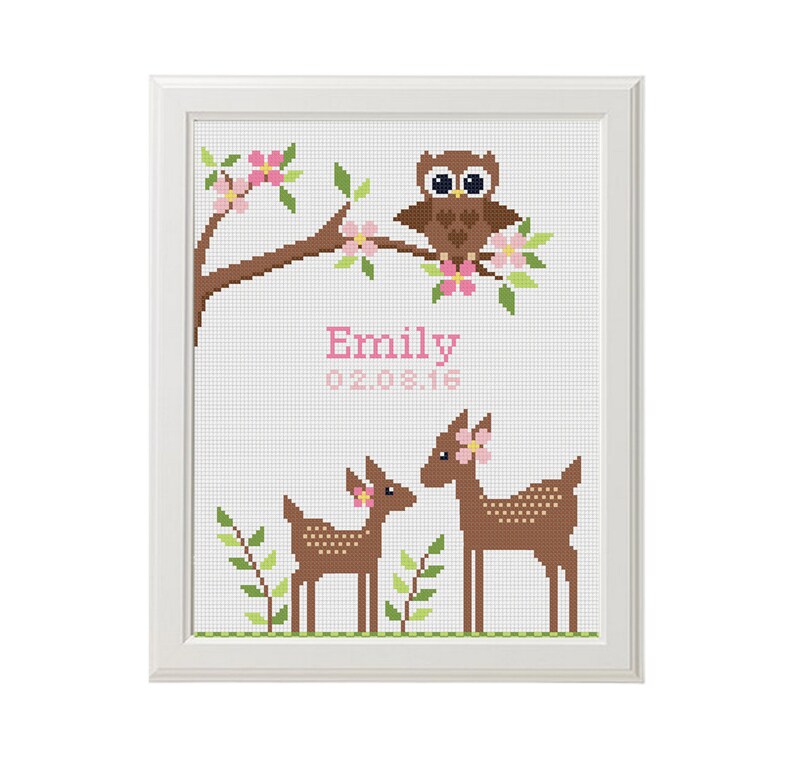 Woodland Cross Stitch birth announcement Record chevron new Etsy
