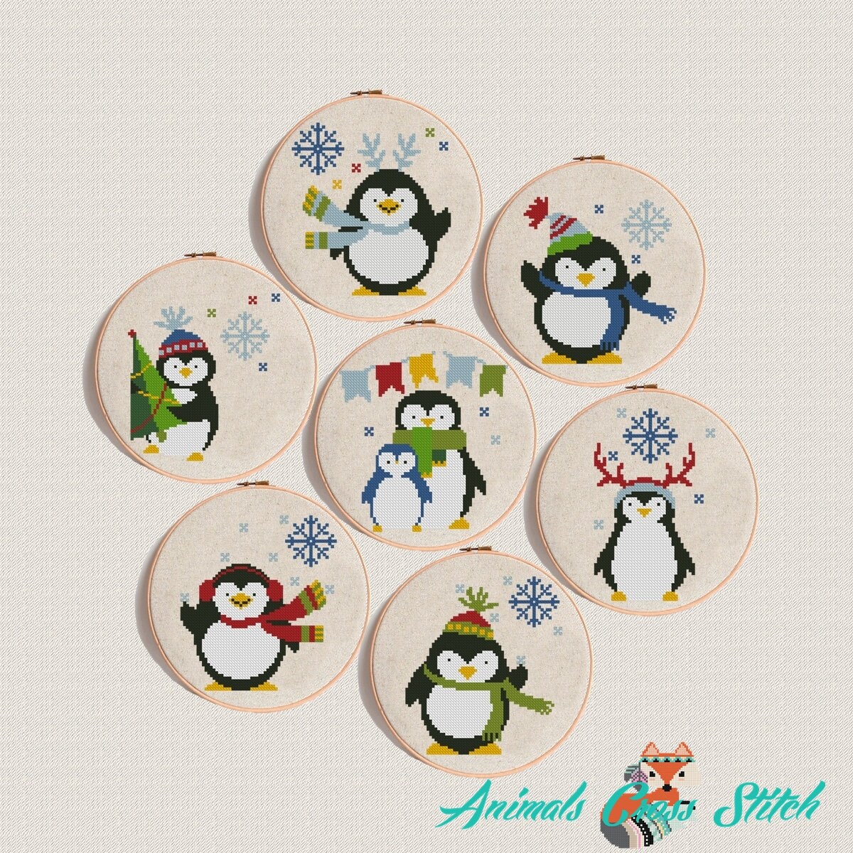 Penguin Cross Stitch Patterns Pdf Christmas Animals Set Of 7 Etsy