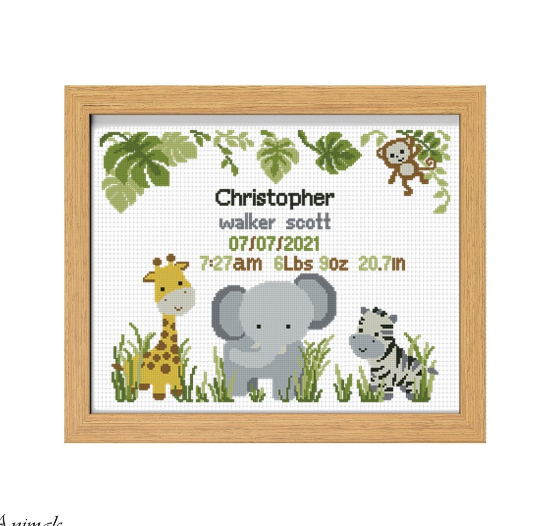 Cross stitch pattern Birth announcement Jungle animals cross Etsy