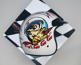 Painted Custom Kustom Illustrated Mortorcycle Mounted Half Helmet Art Piece Sign. Cool!