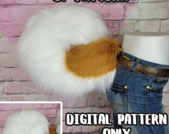 May include: A fluffy white and brown faux fur tail attached to blue jeans. The tail has a large white section with a brown patch. Text on the image reads "FINISHED EXAMPLE OF PATTERN" and "DIGITAL PATTERN ONLY".