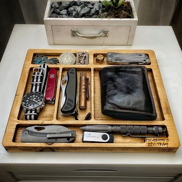 EDC Dump Tray - Wood And Steel Valet tray for all of your edc items - by Picaroon Tools - EDC organizer nightstand