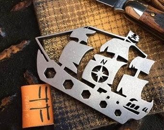 The Pirate Ship - Bottle Opener, EDC multi tool, prybar, pocket gear ( Steel, Brass or Copper)