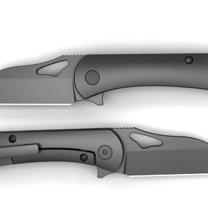 May include: Two gray folding knives are displayed against a white background. The knives have a curved blade and a handle with a circular pivot point. One knife has a pocket clip. The blades have a matte finish.