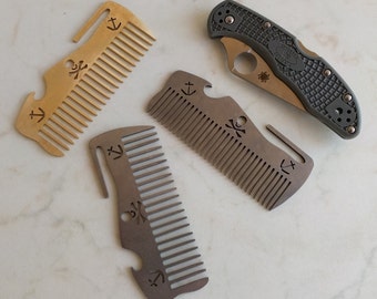 Bearded Buccaneer V1 & V2 (Normal or Wide teeth / steel, brass, titanium or copper ) - beard comb, edc tool, multitool - Picaroon Tools