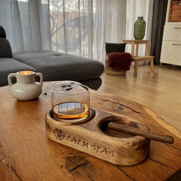 Calm Seas - Wood Cigar Rest Tray / Glass Holder - glass coaster, cigar ashtray, wood tray, cigar holder, whiskey, bourbon glass by Picaroon