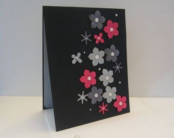 Blank Card, all occasion card, friendship card, thinking of you card, thank you card, floral card, pink & grey flowers, faux pearls,