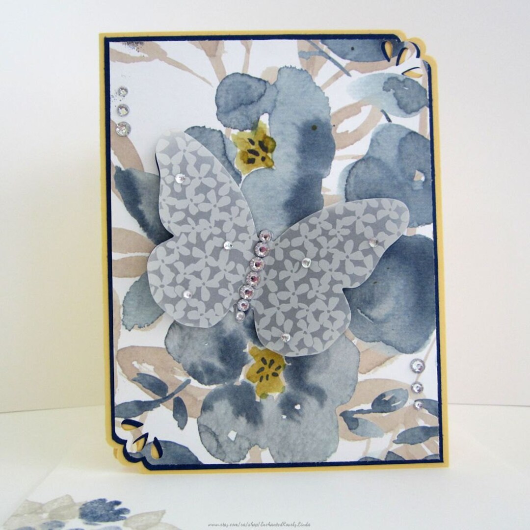 Butterfly Blue Floral Note Card, Blank Card, Embellished With Vellum ...