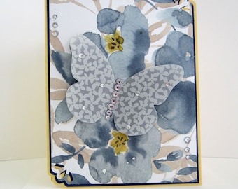 Butterfly Blue Floral Note Card, blank card, embellished with vellum die cut butterfly with faux rhinestones, friendship, just because,