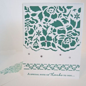 Nota de gracias tarjeta, tarjeta de mano estampado, gracias tarjeta, tarjeta de agradecimiento, a corte de motivos florales, adornada con pedrería de imitación,