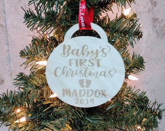 Custom Laser Cut & Engraved Baby's First Christmas Birch Ornament | Custom Baby's First Christmas Engraved Ornament |  Custom Engraved