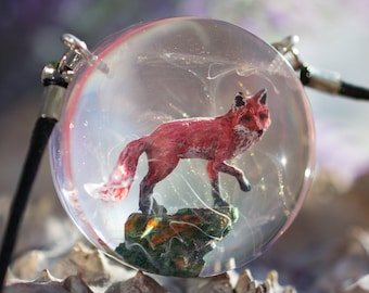 miniature figure necklace forest style micro sculpture animal Red Fox pendant resin wood