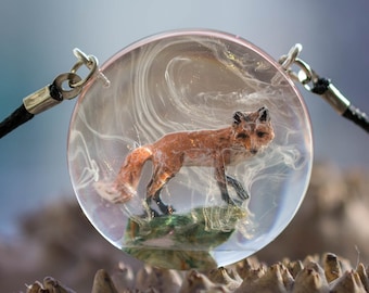 miniature figure necklace forest style micro sculpture animal Red Fox pendant resin wood