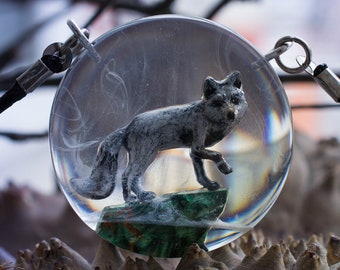 miniature figure necklace forest style micro sculpture animal Red Fox pendant resin wood