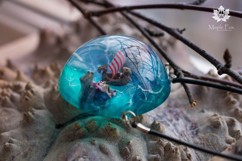 Vikings ship Wood resin pendant miniature figure striped sail sea with rocks necklace