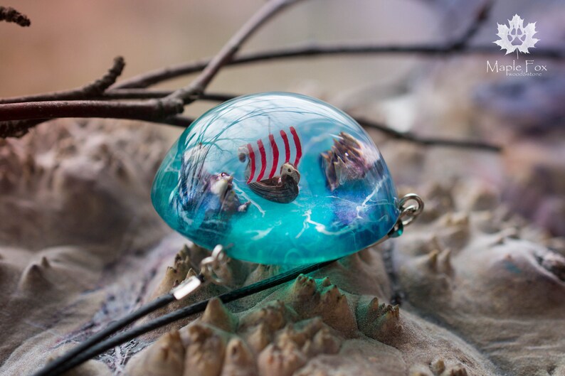 Vikings ship Wood resin pendant miniature figure striped sail sea with rocks necklace