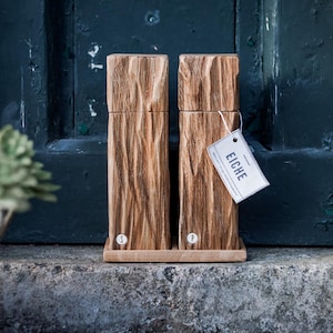 peppermill and saltmill made of oak wood, spice mill, salt pepper grinder, reclaimed wood - rustic - heavily brushed