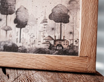 Canvas wall picture in oak frame - City in the forest - DIN A4 - Wall decoration - Picture frame oak
