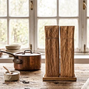 May include: Two tall, rectangular wooden salt and pepper grinders with a textured, natural bark-like finish, standing upright on a matching rectangular wooden base. The grinders are positioned centrally, showcasing a light brown wood grain pattern.