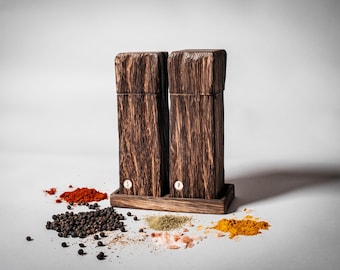 Spice mill / salt mill / pepper mill made of oak wood - flamed wood - rustic - heavily brushed