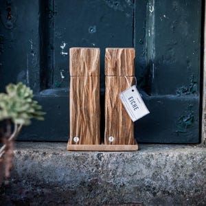peppermill and saltmill made of oak wood, spice mill, salt pepper grinder, reclaimed wood - rustic - heavily brushed
