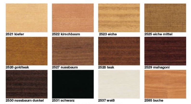 May include: A color chart featuring wood stain samples. The chart displays twelve different wood stain colors, including light beige, medium brown, dark brown, and black. Each sample is labeled with a number and a name.