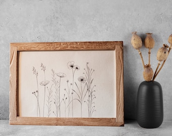 Oak reclaimed wood picture frame with canvas picture, wooden frame canvas wall picture - vintage - flower meadow - BOHO - wall decoration