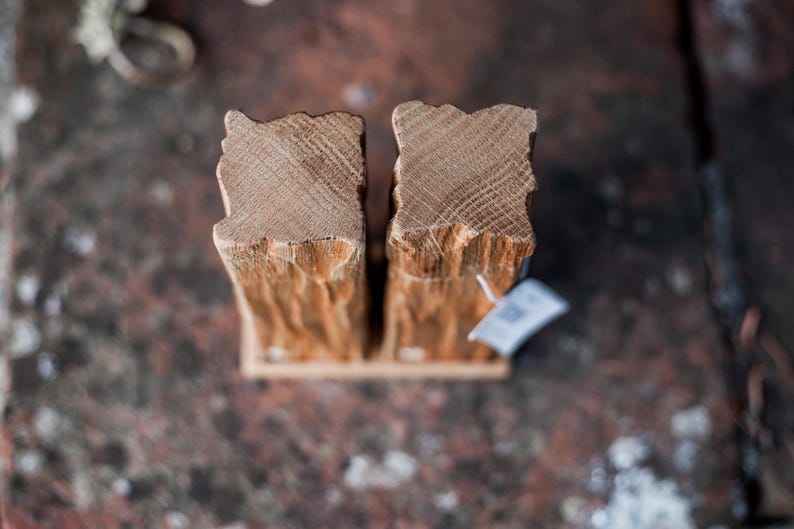 May include: Two wooden bookends with a natural, rough-hewn texture. The bookends are made of light brown wood and have a rectangular base. The top edges have a unique, uneven shape. A small tag hangs from one of the bookends.
