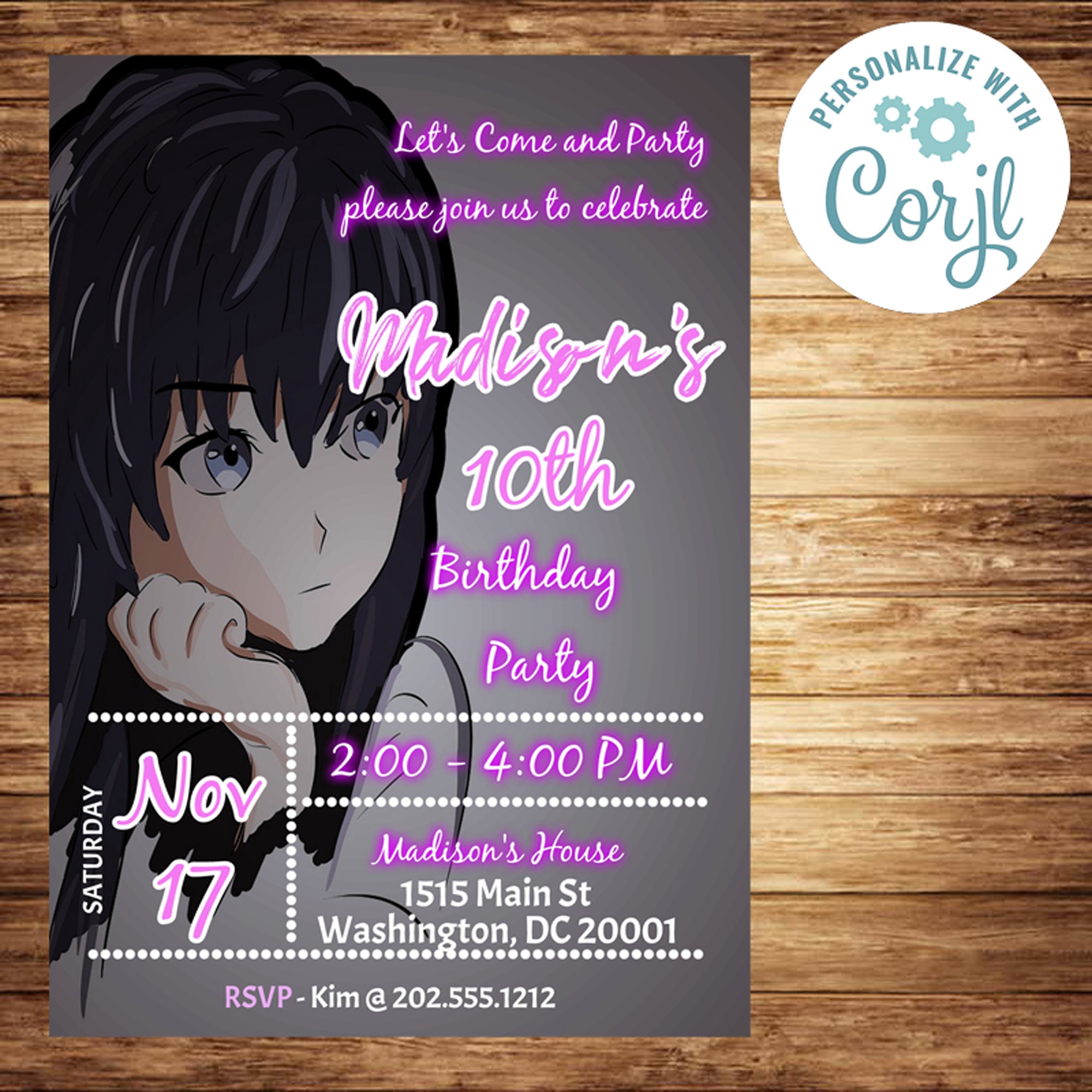 Teen Anime Birthday Theme Invitation Editable Customized Teen Anime Birthday Theme Invitation Editable Customized