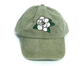Magnolia Embroidered Cotton Cap: Garment-Washed Cotton Twill Hat
