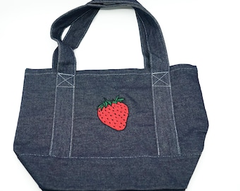 Strawberry Mini Dark Denim Tote Bag