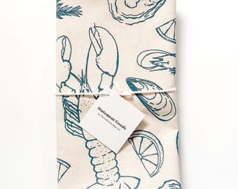 Seafood Natural Kitchen Towel - Lobster, Clams, Mussels, Kitchen Decor, Screen-printed Tea Towel, Housewarming Gift, Birthday Gift