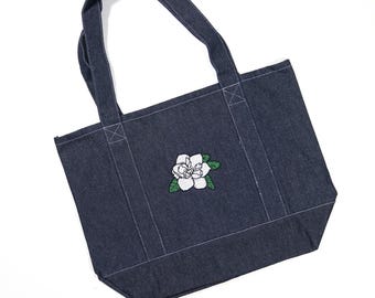 Magnolia Flower Embroidered Dark Denim Tote Bag