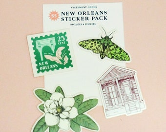 New Orleans 4 Piece Sticker Pack: Magnolia, Moth, Postage, House (Pink)