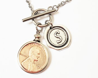 Penny Necklace US Penny Birthday Anniversary Pendant Memory Floating Locket Style Toggle Necklace initial charm Coin Jewelry Living