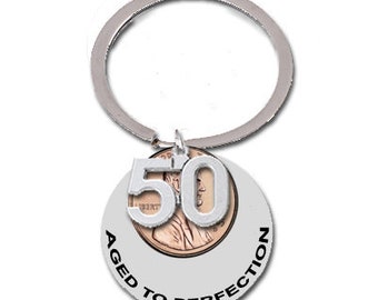 50th Birthday Gift 1975 1976 1977 Aged to Perfection Fine Wine Fifty Years and Counting Penny Key Chain Keyring Lucky Penny 49th 51st